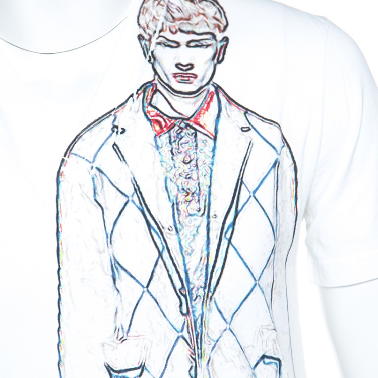 مملوكة مسبقًا Prada White Man Sketch Print V-Neck Short Sleeve T-Shirt M