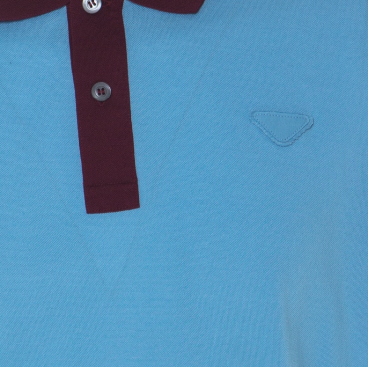 مملوكة مسبقًا Prada Blue and Burgundy Cotton Piqué Logo Patch Polo T Shirt L 