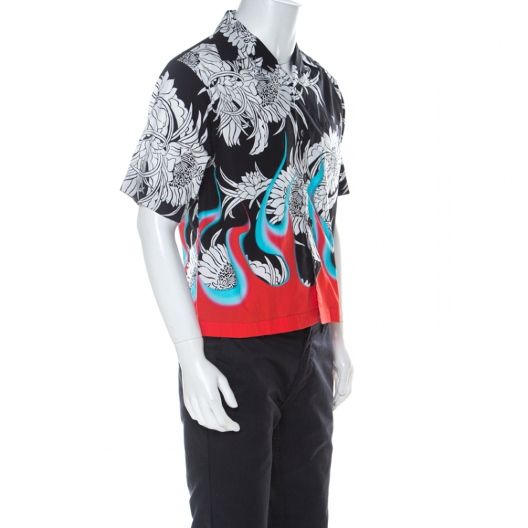 Pre Owned Prada Back & White Printed Cotton Poplin Half Sleeve Shirt S