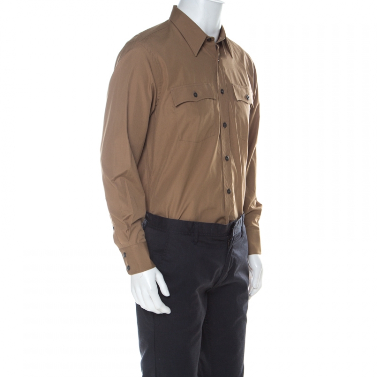 Pre Owned Prada Khaki-Beige Cotton Poplin Safari Style Full Sleeve Shirt L
