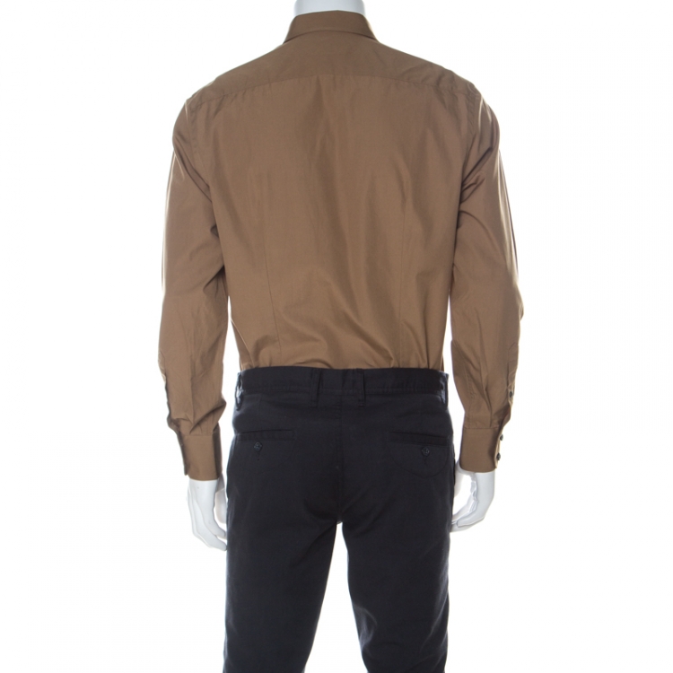 Pre Owned Prada Khaki-Beige Cotton Poplin Safari Style Full Sleeve Shirt L