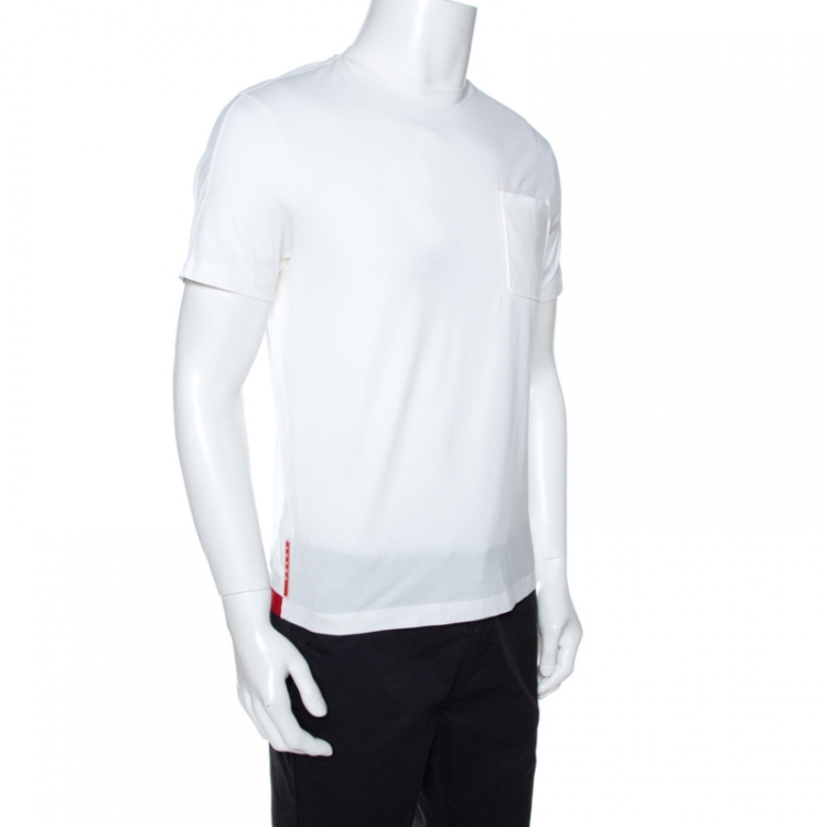 مملوكة مسبقًا Prada White Stretch Cotton Contrast Hem Detail T-Shirt M