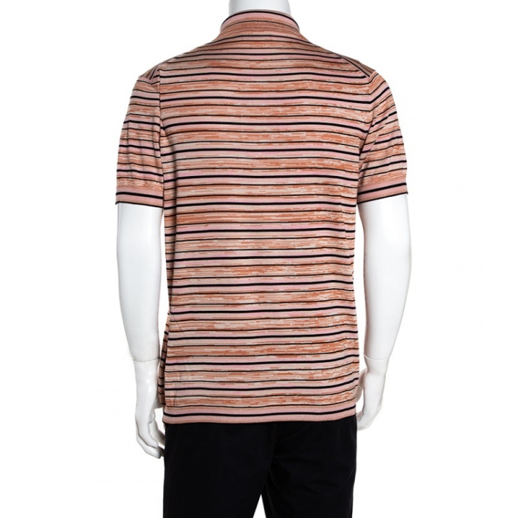 Pre Owned Prada Pink Silk Knit Striped Polo T Shirt XL 