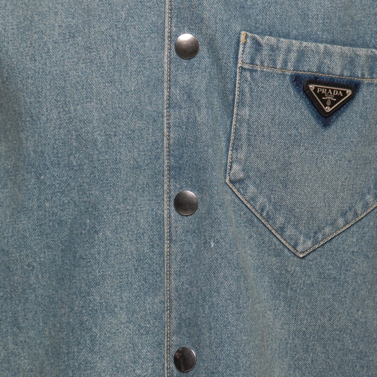 Pre Owned Prada Blue Enameled Metal Triangle Logo Denim Shirt M