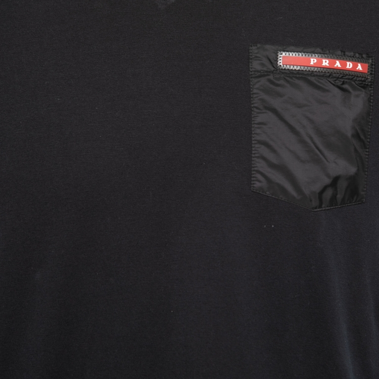 Pre Owned Prada Black Stretch Cotton Patch Pocket Detail V-Neck T-Shirt L