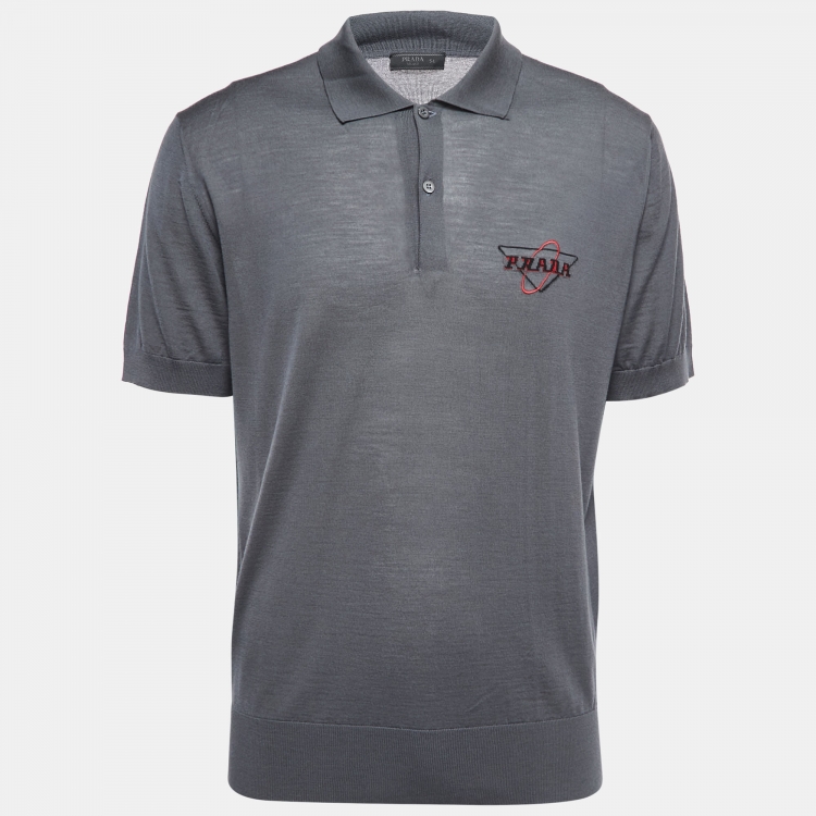 Pre Owned Prada Grey Logo Patterned Wool Polo T-Shirt XXL