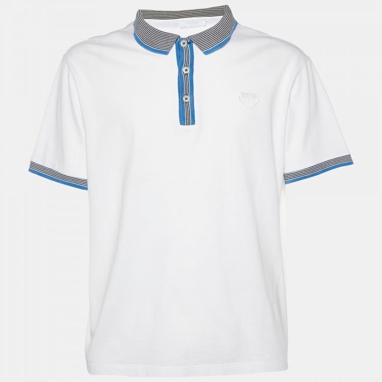 Pre Owned Prada White Cotton Striped Collar Polo T-Shirt XXXL
