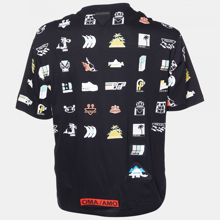 Pre Owned Prada Black Icons Print Cotton Crew Neck T-Shirt M