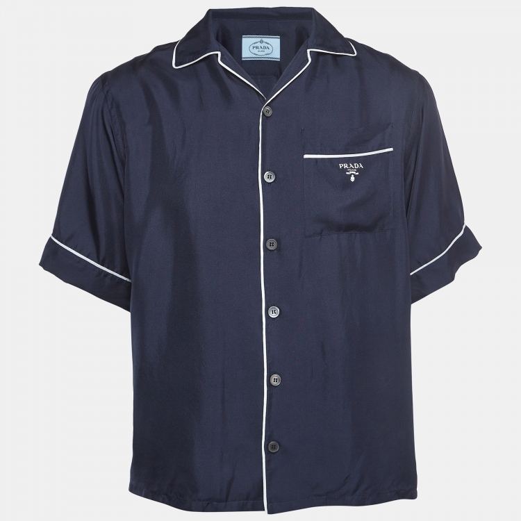 Prada Navy Blue Logo Print Silk Bowling Shirt S Prada | TLC