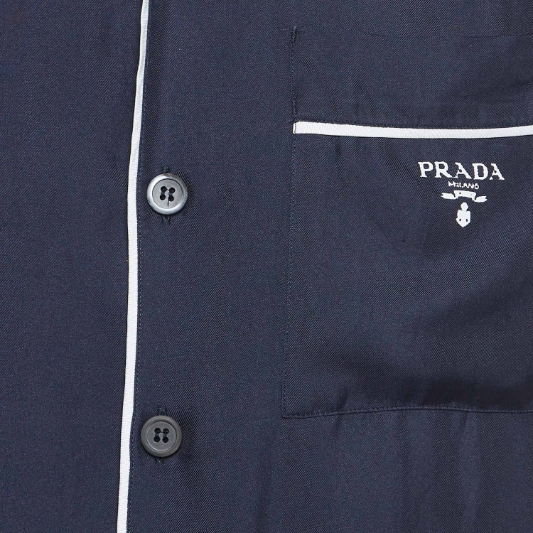 Pre Owned Prada Navy Blue Logo Print Silk Bowling Shirt S