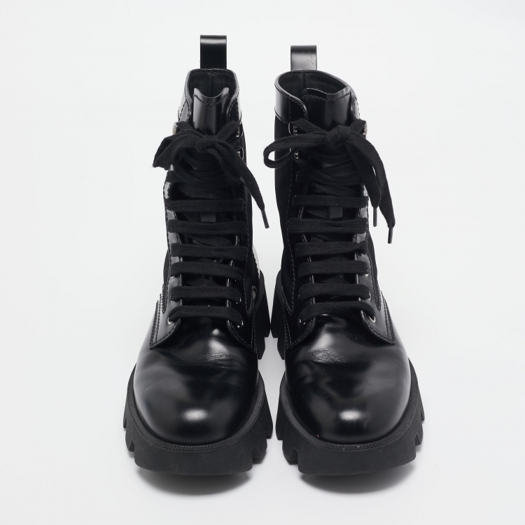 Pre Owned Prada Black Leather and Nylon Combat Boots Size 40