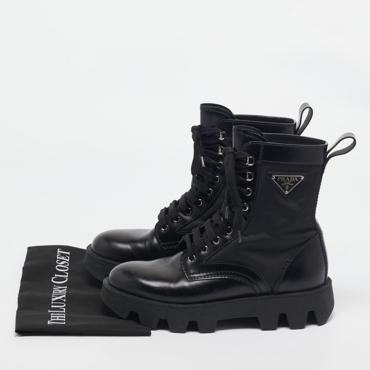 Pre Owned Prada Black Leather and Nylon Combat Boots Size 40