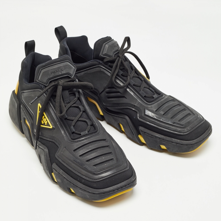 Pre Owned Prada Black/Yellow Techno Fabric and Rubber Low Top Sneakers Size 45