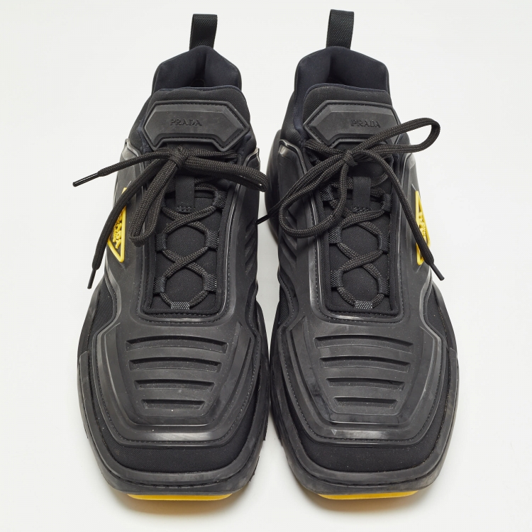 Pre Owned Prada Black/Yellow Techno Fabric and Rubber Low Top Sneakers Size 45
