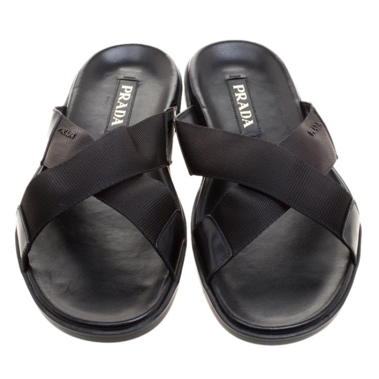 Pre Owned Prada Black Leather and Nylon Criss Cross Flat Slides Size 46