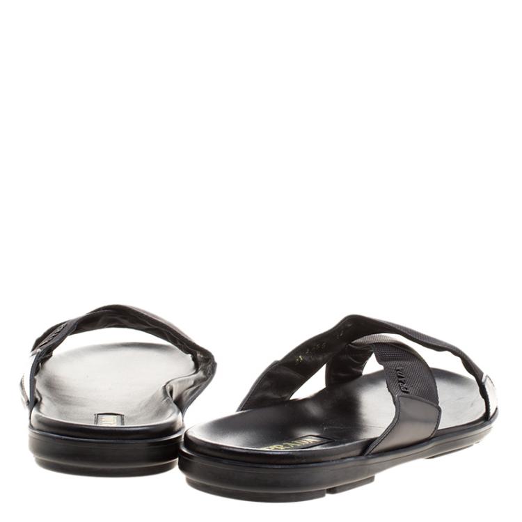 Pre Owned Prada Black Leather and Nylon Criss Cross Flat Slides Size 46