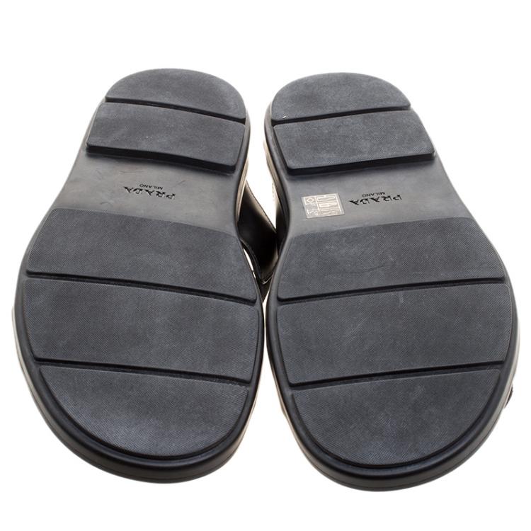 Pre Owned Prada Black Leather and Nylon Criss Cross Flat Slides Size 46