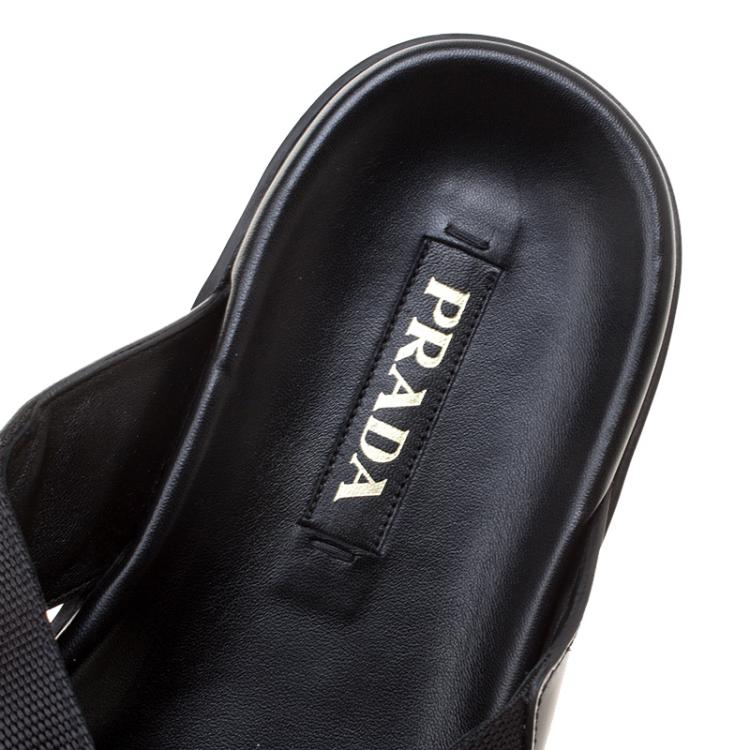 Pre Owned Prada Black Leather and Nylon Criss Cross Flat Slides Size 46
