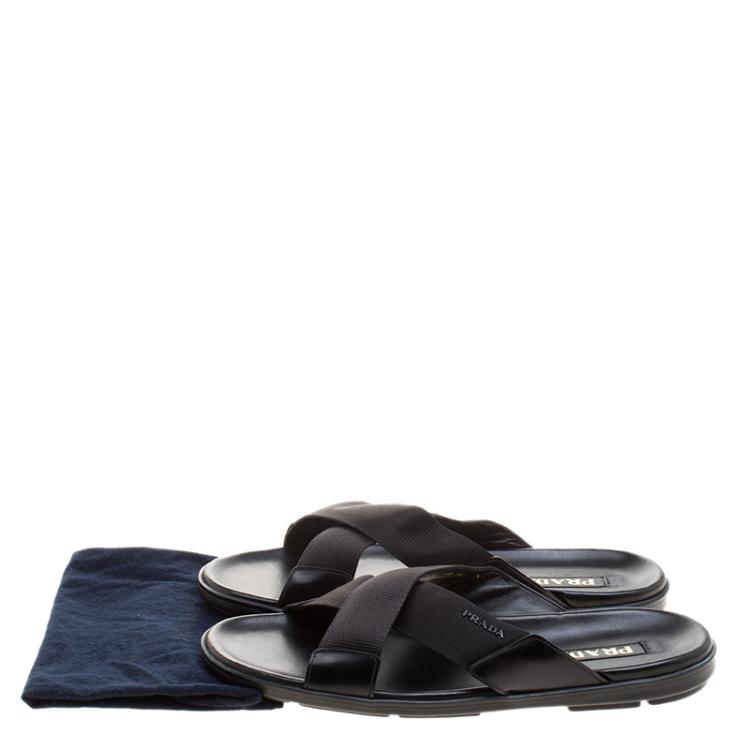 Pre Owned Prada Black Leather and Nylon Criss Cross Flat Slides Size 46