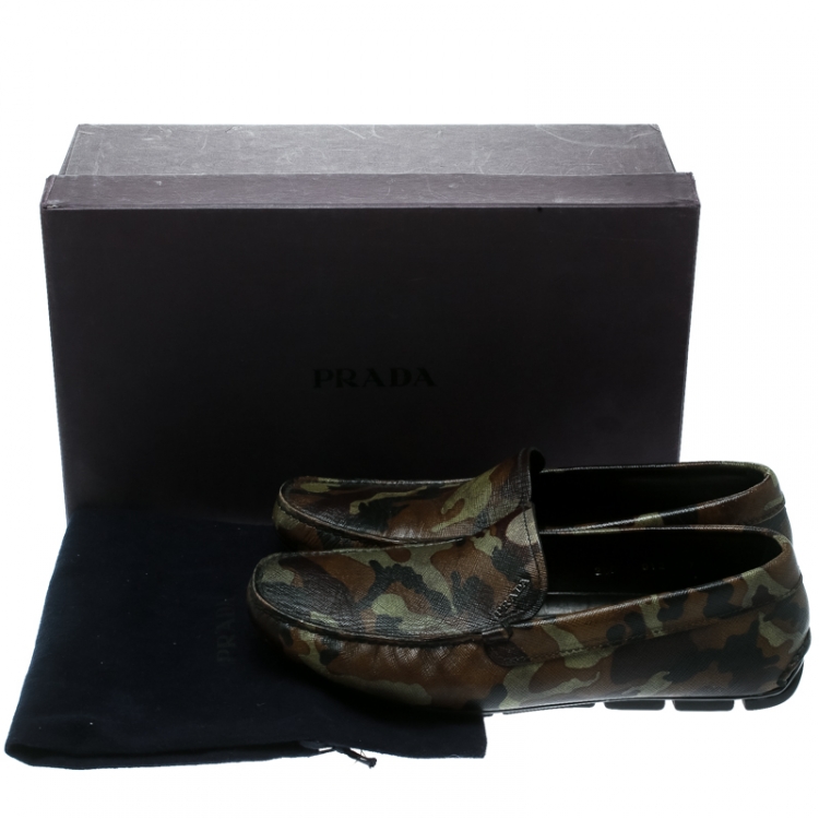 Pre Owned Prada Green Camouflage Print Saffiano Leather Loafers Size 41