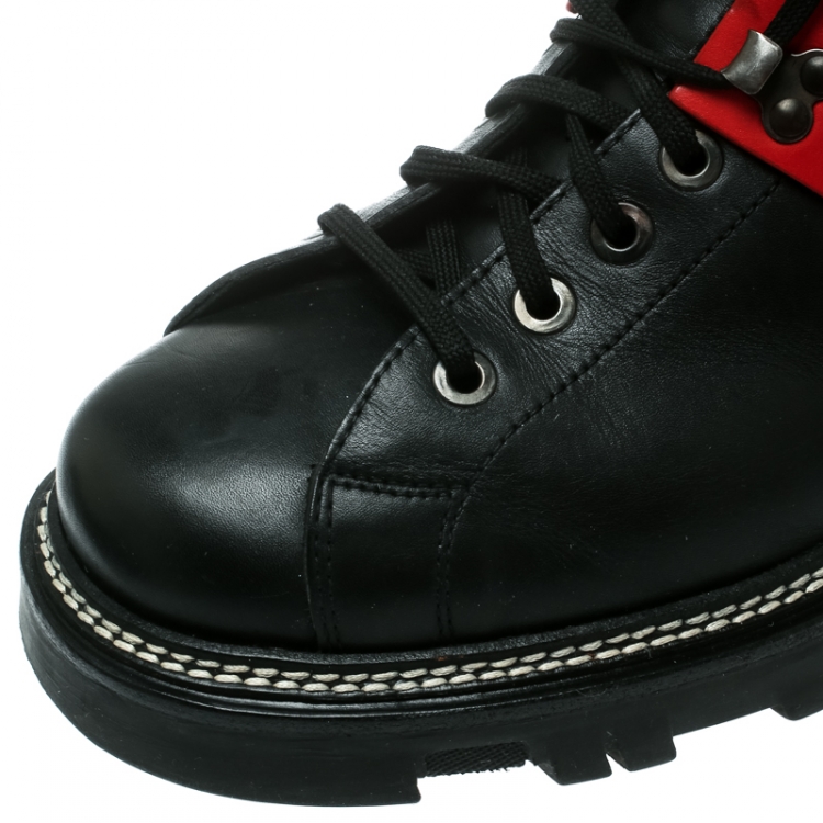 Pre Owned  Prada Sport Black/Red Leather High Top Combat Boots Size 44