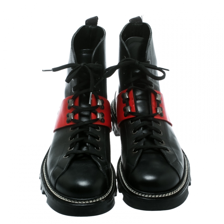 Pre Owned  Prada Sport Black/Red Leather High Top Combat Boots Size 44