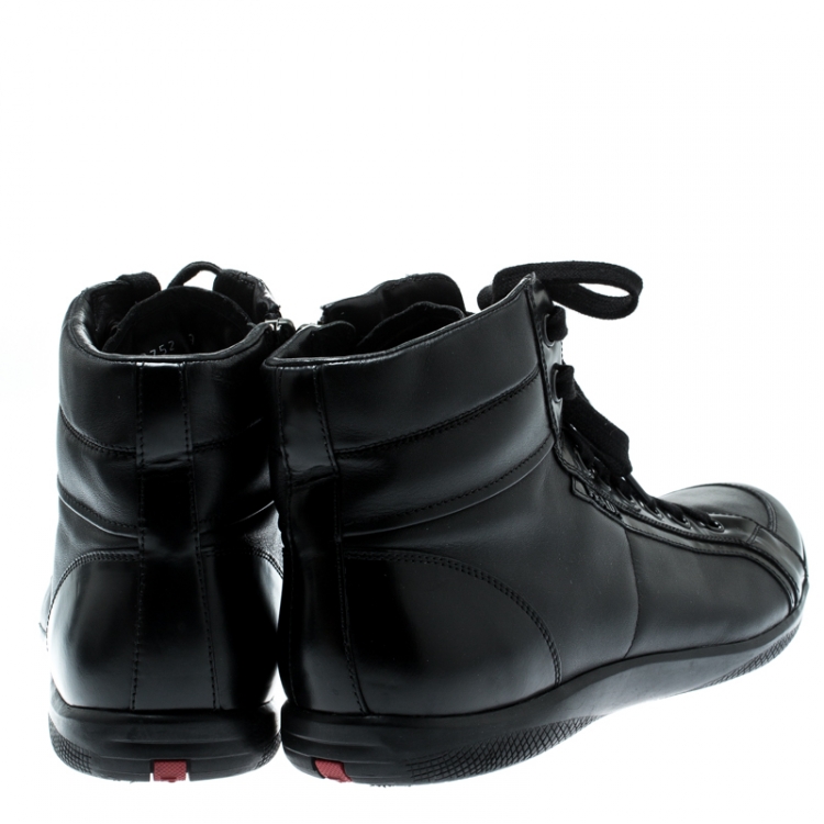Pre Owned Prada Sport Black Leather High Top Lace Up Sneakers Size 43