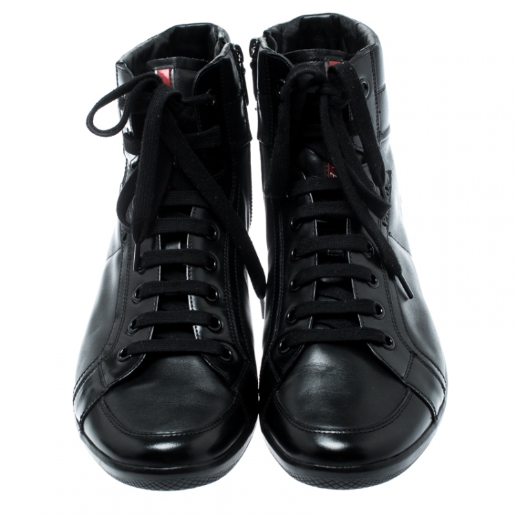 Pre Owned Prada Sport Black Leather High Top Lace Up Sneakers Size 43