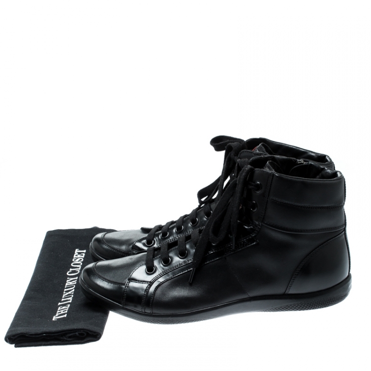 Pre Owned Prada Sport Black Leather High Top Lace Up Sneakers Size 43