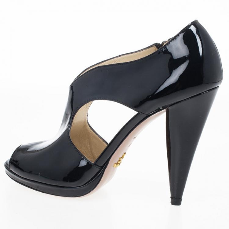 Pre Owned Prada Black Patent Peep Toe Ankle Booties Size 38
