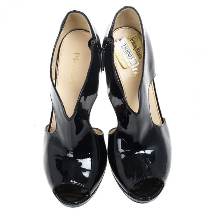 Pre Owned Prada Black Patent Peep Toe Ankle Booties Size 38