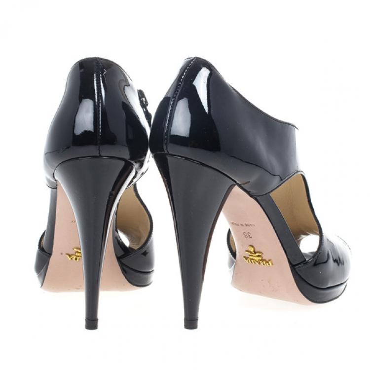 Pre Owned Prada Black Patent Peep Toe Ankle Booties Size 38