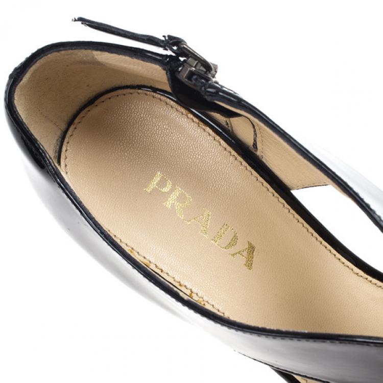 Pre Owned Prada Black Patent Peep Toe Ankle Booties Size 38