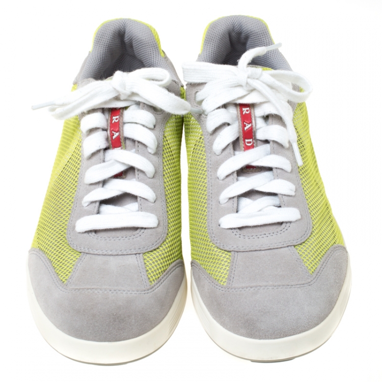Pre Owned Prada Grey/Neon Green Suede and Mesh Lace Up Low Top Sneakers Size 43