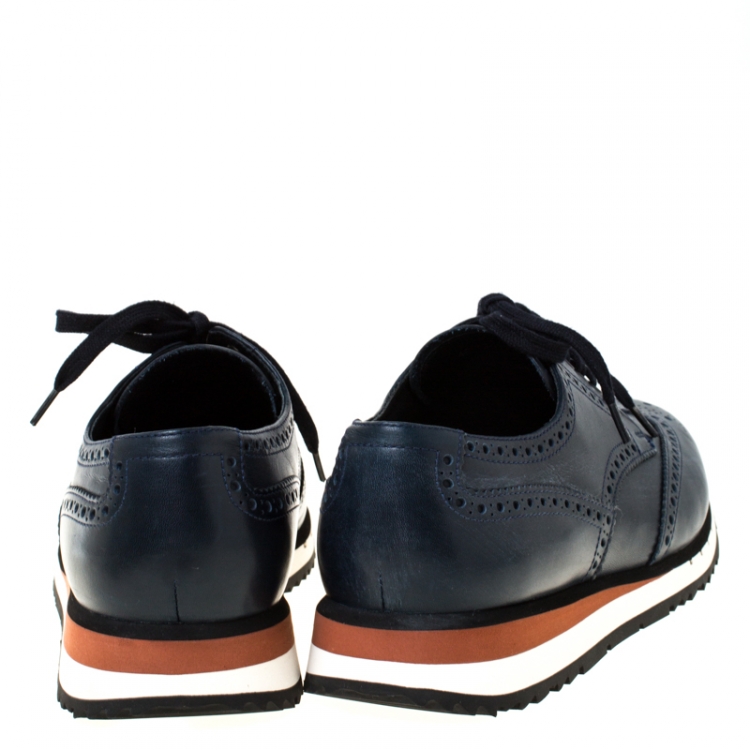 Pre Owned Prada Navy Blue Brogue Leather Wingtip Lace Up Oxfords Size 42.5 