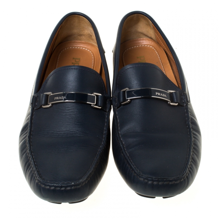 Pre Owned Prada Blue Leather Slip On Loafers Size 43.5