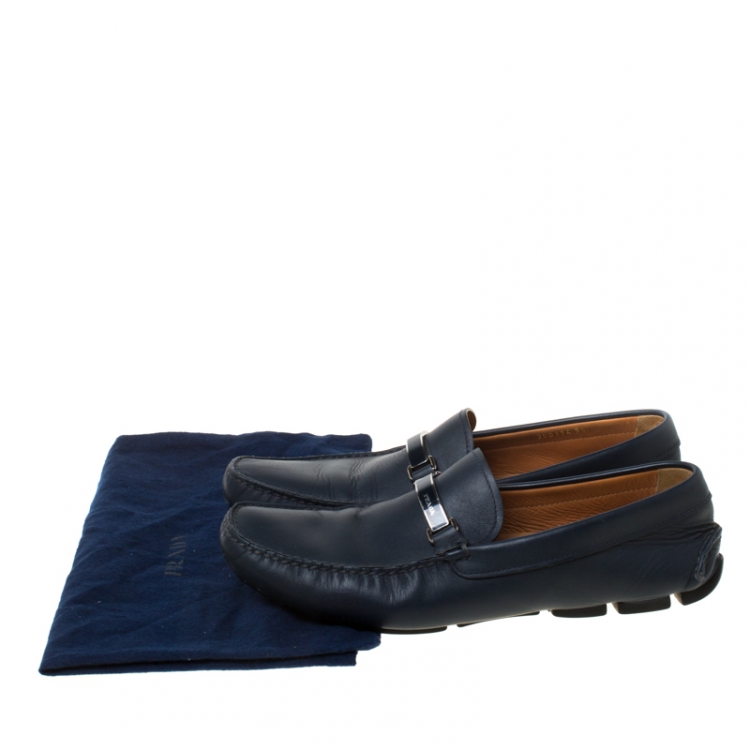 Pre Owned Prada Blue Leather Slip On Loafers Size 43.5