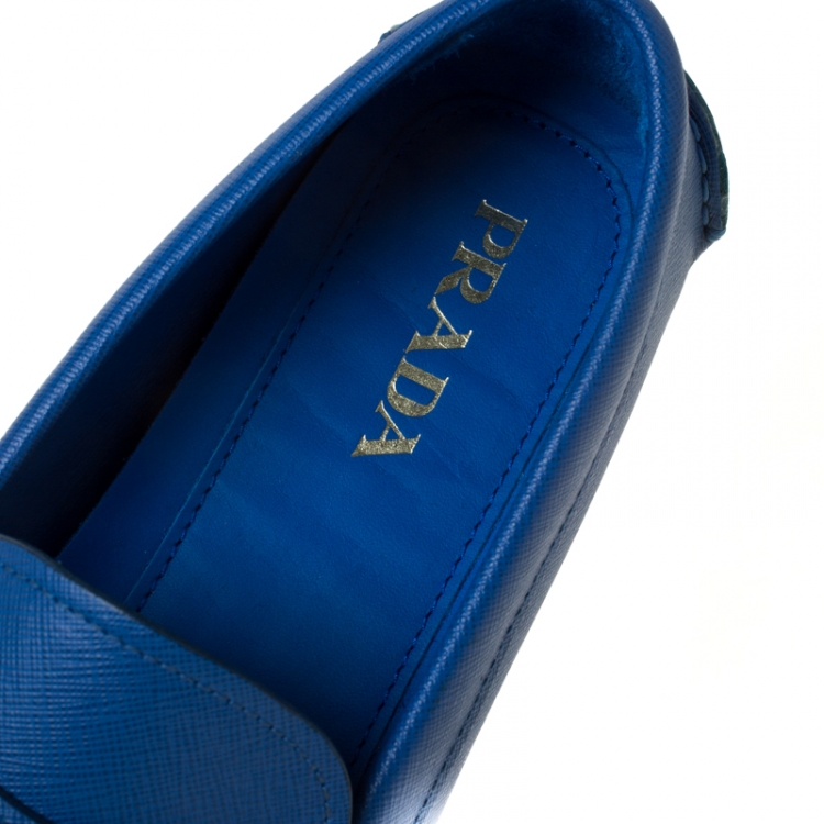 Pre Owned Prada Blue Saffiano Leather Penny Loafers Size 44.5