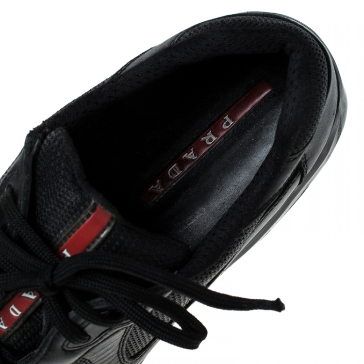 Pre Owned Prada Black Leather And Mesh America's Cup Lace Up Sneakers Size 43.5