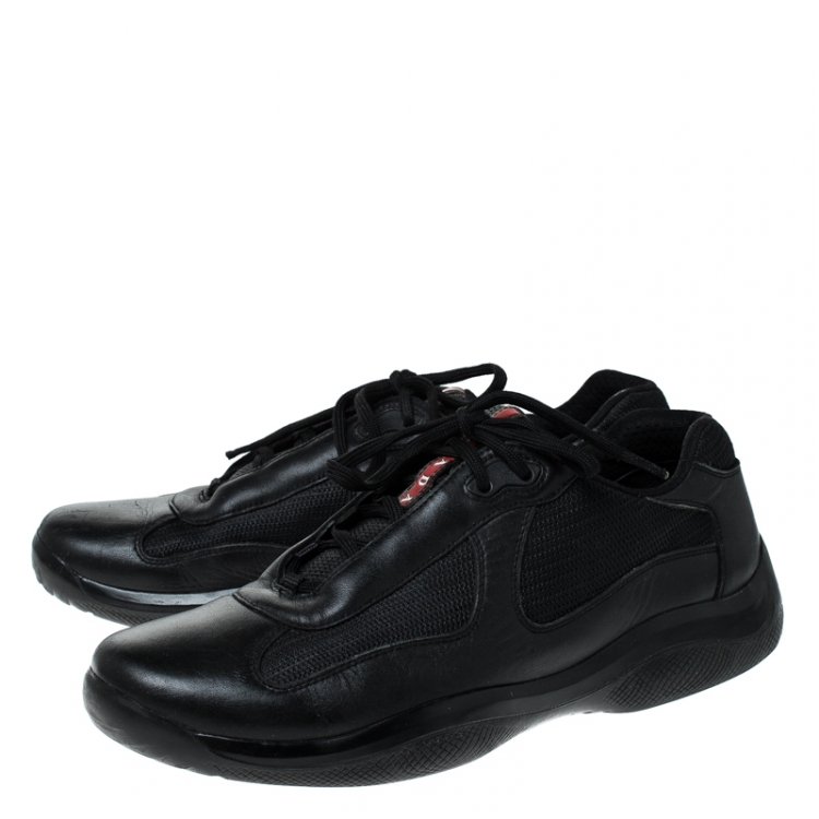 Pre Owned Prada Black Leather And Mesh America's Cup Lace Up Sneakers Size 43.5