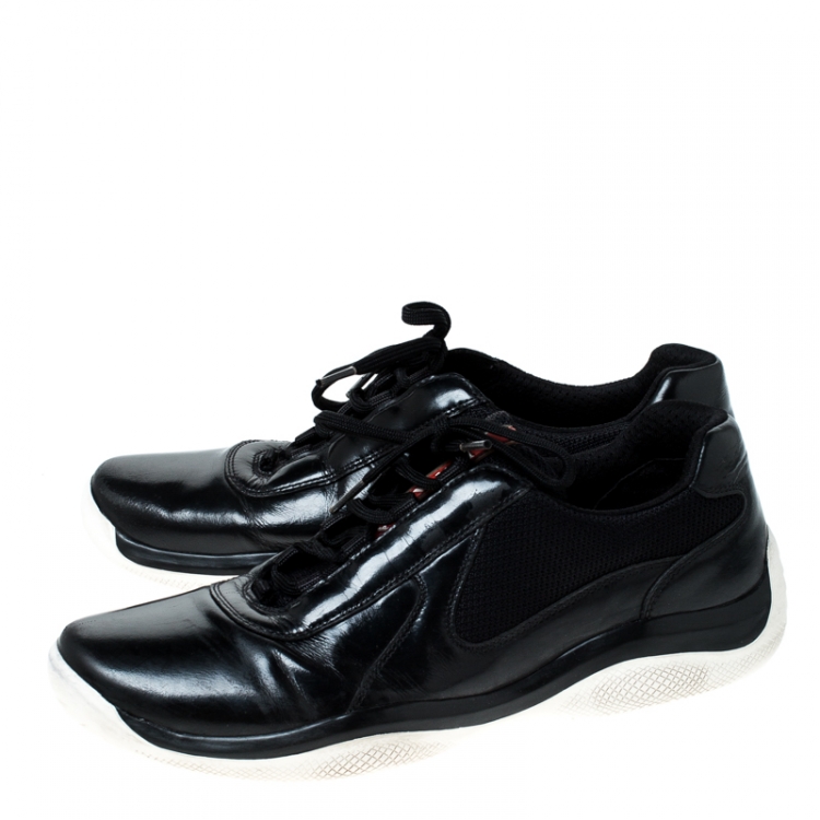 Pre Owned Prada Sport Black Leather And Mesh Lace Up Low Top Sneakers Size 42