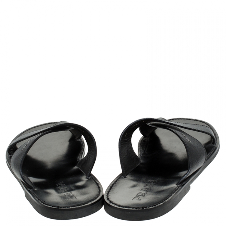 Pre Owned Prada Black Saffiano Leather Criss Cross Flat Slides Size 44