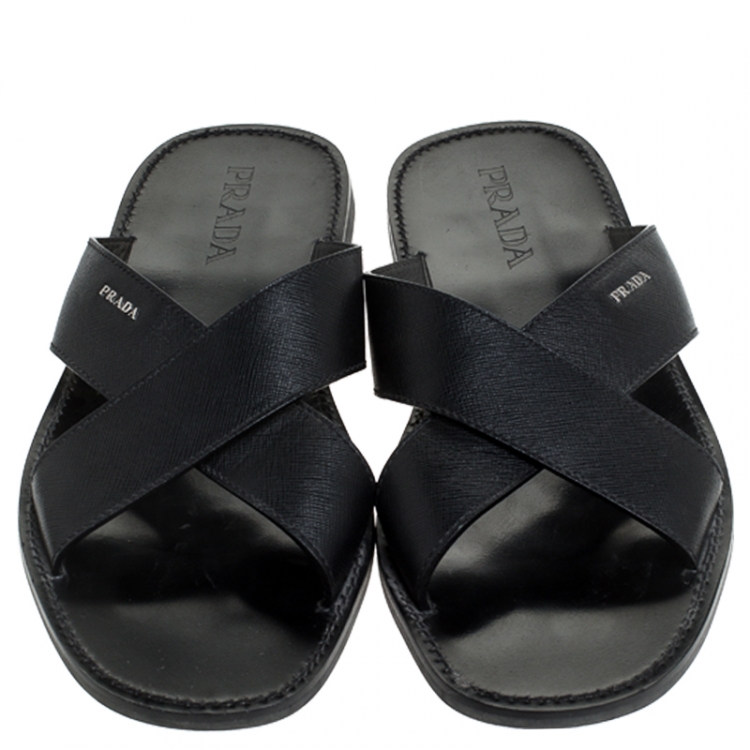 Pre Owned Prada Black Saffiano Leather Criss Cross Flat Slides Size 44