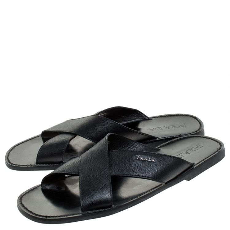 Pre Owned Prada Black Saffiano Leather Criss Cross Flat Slides Size 44