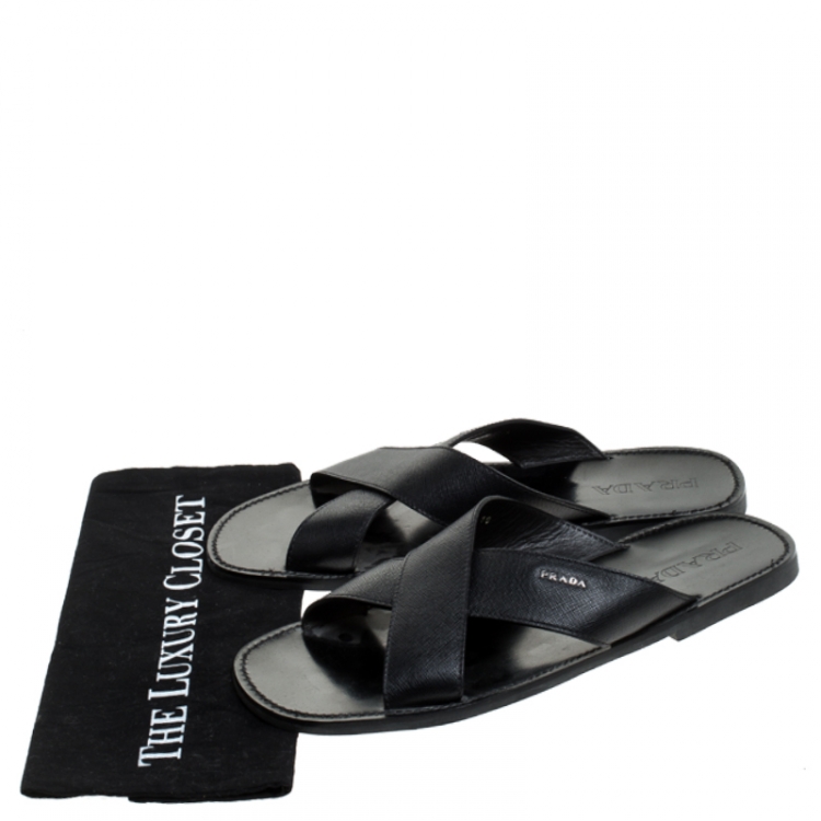 Pre Owned Prada Black Saffiano Leather Criss Cross Flat Slides Size 44