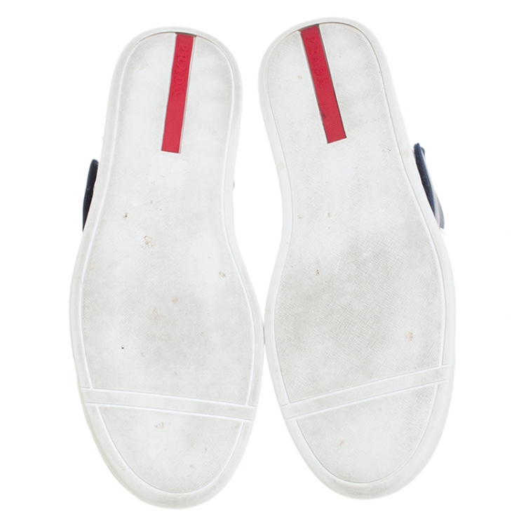 Pre Owned Prada White/Navy Blue Leather Strap High Top Sneakers Size 43.5