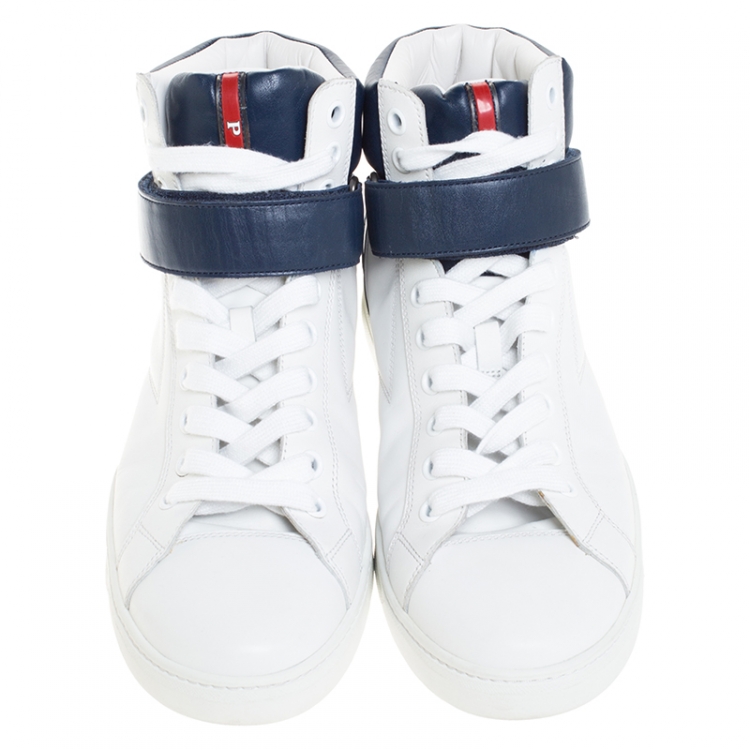 Pre Owned Prada White/Navy Blue Leather Strap High Top Sneakers Size 43.5