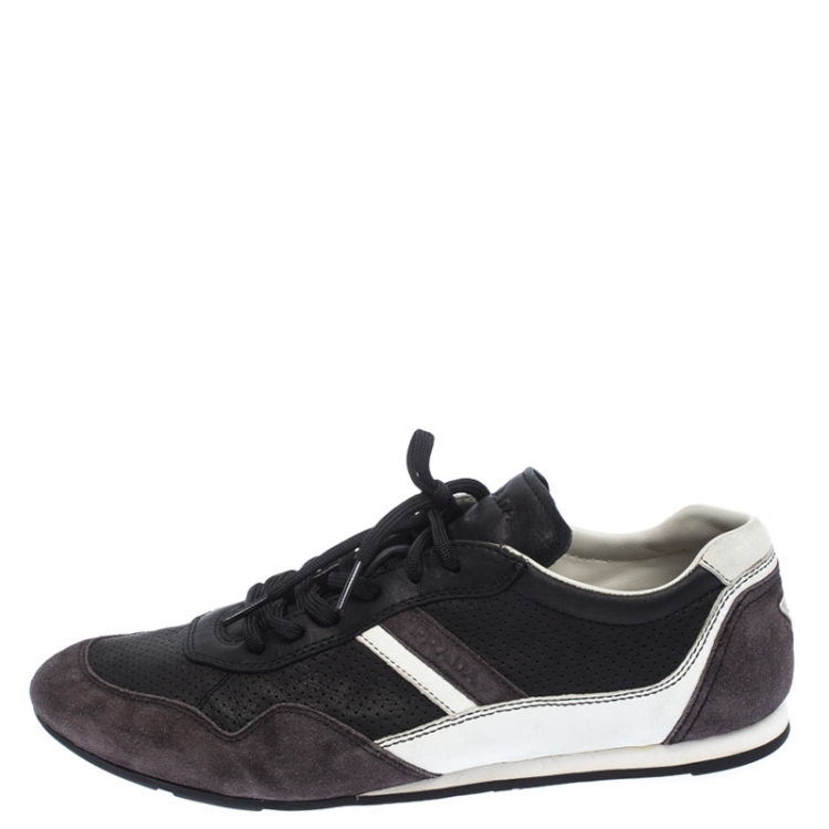 مملوكة مسبقًا Prada Sport Black Perforated Leather And Suede Lace Up Low Top Sneakers Size 43