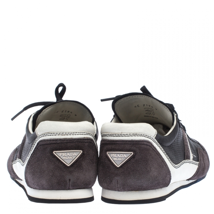 مملوكة مسبقًا Prada Sport Black Perforated Leather And Suede Lace Up Low Top Sneakers Size 43