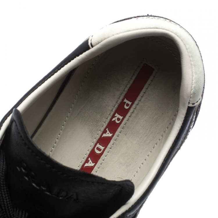 مملوكة مسبقًا Prada Sport Black Perforated Leather And Suede Lace Up Low Top Sneakers Size 43